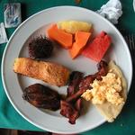 Typical breakfast in Costa Rica.  The spikey fruit "mamon chino" and the fried-bananas were delicious.