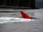 The 8 knot current almost submerges this buoy.