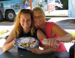 Cherie and Marjo eating pancakes (what else would you eat!)before they hike the pancake rocks.
